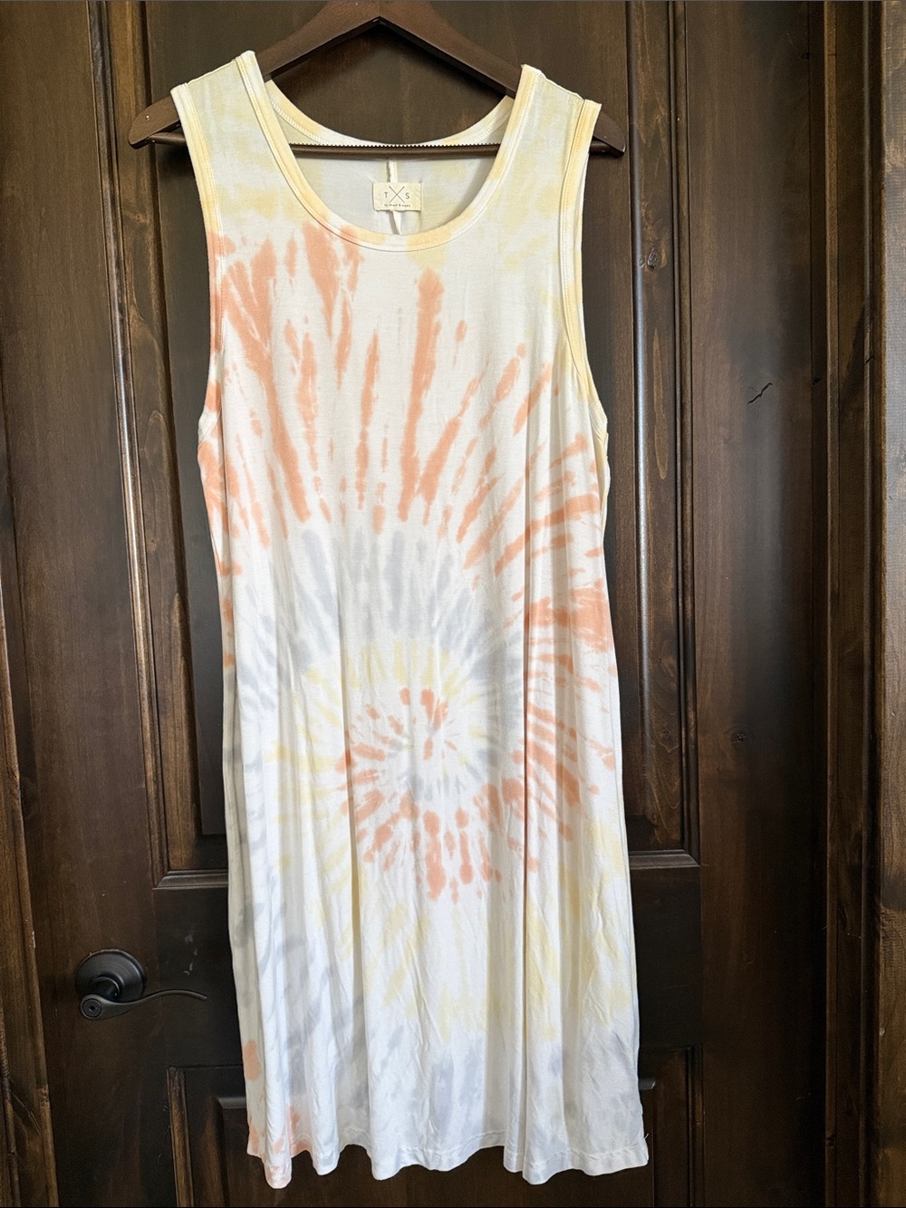 Thread & Supply White Tie-Dye Midi Dress with Peach and Pale Yellow